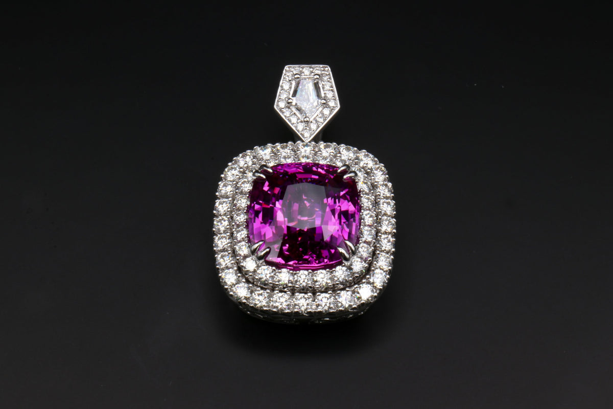 3.7 ct cushion cut pink sapphire double halo pendant with kite diamond bail, 18K white gold